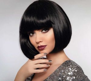 Perucas de renda de cabelo bate reto bob wig cabelos curtos femininos preto fibra química de arnês