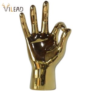 VILEAD Golden Porcelain Gesture Finger Figurine Modern Ornament Home Decoration Accessories Office Desktop Statue Decor Interior 210827