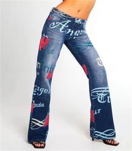 Jeans femininos de moda carta padrão mulheres azul vintage streetwear denim calças largas calças de perna senhora casual flared
