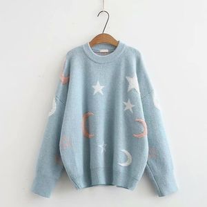 Kvinnor Star Moon Sweater Crew Neck Strikta Pullovers Långärmad Vinter Höst Casual Sweet M0132 210514