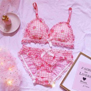 Nxy sexig uppsättning söta japanska bras briefs underkläder set lolita flicka rosa plaid blomma mesh sexig jordgubbe print bra trosor underkläder 1127