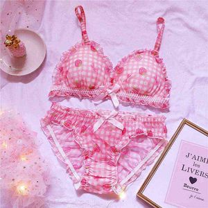 NXY sexy set Cute Japanese Bras Briefs Underwear Set Lolita Girl Pink Plaid Flower Mesh Sexy Strawberry Print Bra & Panties Lingerie 1127