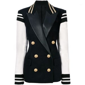 Jakość EST Moda Blazer Damska Skóra Patchwork Double Breasted Classic Varsity Jacket1