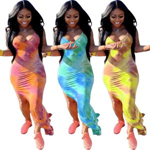 Women Tie Dye Printed Vest Sexy Split Long Dress Fashion Sleeveless Suspenders Casual Maxi Dresses Sling Skirt Summer Beach Clothing