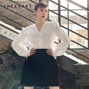 Peter Pan Collar White Shirt Long Sleeve Button Up Collared Lantern Casual Tops And Blouses Fashion 210427