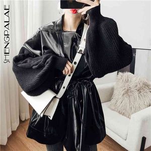 Вязание фонарь рукава лоскутное искусственное кожаные куртки женские шнурки длинные женские пальто моды осень WB678 210427