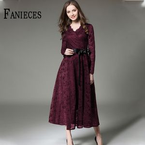 Spring Autumn Vintage A-Line Women Maxi Dress Long Sleeves Lace-up Hollow Out Dresses Elegant Casual party Office Lady vestido 210520