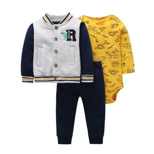 Наборы одежды 3 ШТ. Унисекс Baby Boy Body Bodysuits + Пальто + Брюки Полный рукав Хлопок Капюшона Зимняя молния