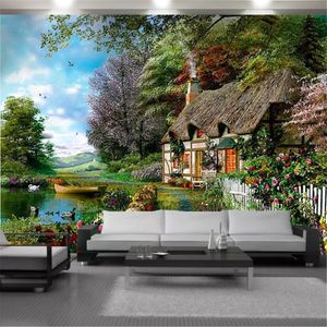 3D papel de parede floresta verde árvores e flores vermelhas linda primavera festival cenário sala de estar quarto decor decoração moderna mural papéis de parede