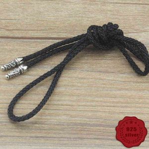 40004 S925 Sterling Silver Leather Rope Necklace Hipster Punk Jewelry Black Long Couple Personality Cross Flower