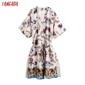 Tangada Kobiety Vintage Kwiatowy Druku Cienkie Kimono Płaszcze Kurtka Luźne Długie Rękawy z Slash Ladies Coat Be958 210609