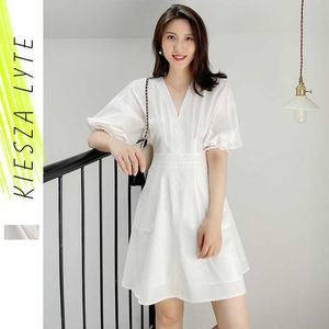 Francuski Minor Bubble Sleeve Sukienka Summer White High Waist V Neck Mini Casual Dresses Outfit 210608