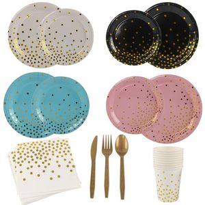 Disposable Dinnerware Bronzing Dots Paper Plate Tableware Pink Gold Blue Rose Napkin Cups Decor Wedding Baby Shower Supplies