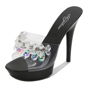 Sandaler Kvinnor Slipper High Heels Glass Crystal Thin Helle 13cm Waterproof Platform Sexig cool sko Kvinnlig Rhinestone