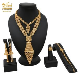 Oro Etíope al por mayor-Dubai Gold Jewelry Juego de Mujeres Etiopian Boda Novia Lujo Collar africano Pulsera Pendiente Anillo Anillo Egipto India Joyería