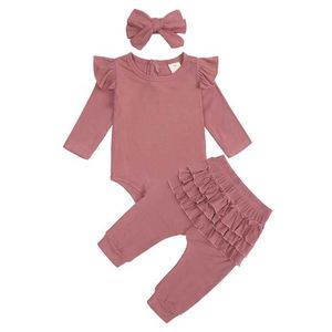 2021 Bebé menino vestuário conjuntos para recém-nascidos sólido manga voadora macacão playsuits + calças plissadas terno outono novo crianças roupas g1023