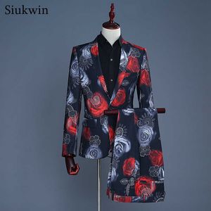 Black Red Costum Men Suit Print Floral Terno Masculino Suits Men 2021Ternos Para Hombre Mens Suits with Pants X0909