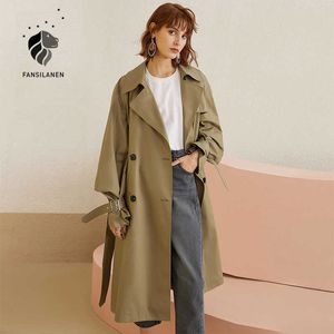 Fansilanen Höst Vinter Trench Coat Casual Puff Sleeve Long Windbreaker Kvinnor Kaki Elegant Bälte över Femme 210607