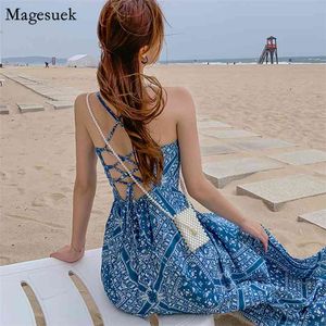 Beach Style Summer Bohemian Dress For Women Cross Bandage Sexy Female Spaghetti Strap Print Long es Robe 13237 210512