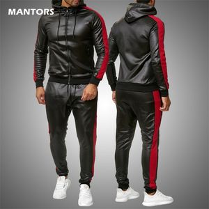 PU LÄDER MEN TRACKOURD HOODED HERS SET CASURE 2 PIECKS SET FAUX LÄDER JACKA+PANTS MOTORCYCLE SPORTS STUT MENS KLÄDER 210916