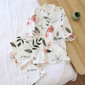 Japanska kimono kostym pyjamas vår och sommar damer bomull tre-kvart ärmar stora blommor hem kläder tunna lös 210809