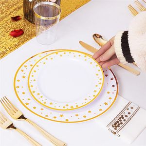 Wholesale disposable dinnerware sets resale online - Disposable Dinnerware Tableware Set Japanese Style Stamping Gold Lace Gilt Knife Fork Spoon Self service Plastic Plate