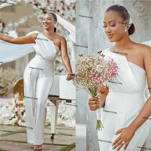 African White Jumpsuits Bröllopsklänningar 2021 One-Shoulder Satin Bride Reception Jumpsuit Women Pant Suits Vestido de Noiva