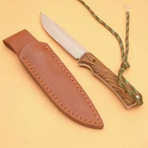 Promotion Survival Straight Knife 8Cr13Mov Satin Drop Point Blade Full Tang Wenge Handle Knives With Leather Sheath