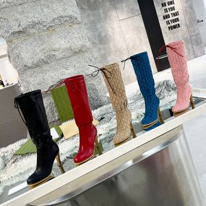 Women Letter Canvas Over-the-knee Boots Zipper Slip-on Designer Lady Leather Pleated High Heel Rubber Outsole Thigh-High Boot Big Size 35-41-42-43