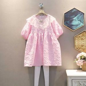 Våren Solid Sweet Pletted Diamond Lace Peter Pan Collar Loose Plus Size Puff Sleeve A-Line Dresses for Women 210615