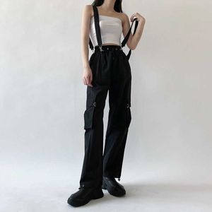 Houzhou Mall Goth Black Cargo Byxor Kvinnor Streetwear Gothic High Waist Loose Byxor Koreanska Fashion Sweatpants Overaller 2021 Q0801