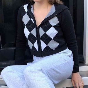 Vintage 90s Argyle xadrez de malha manga comprida zíper com capuz cardigan suéteres mulheres outono streetwear y2k colheita knitwear tops 210510