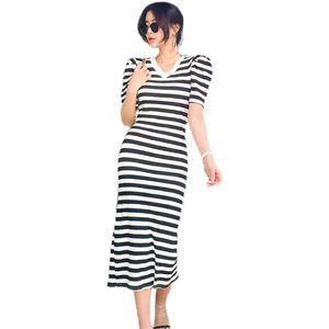 Maxi Stripe Sukienka Koreańskie Damskie Seksowne Krótki Rękaw V Neck Sukienki dla kobiet 210602