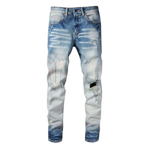 Mężczyźni Slim Fit Jeans Riped Riker Light Blue Men's Denim Spodnie Jean Casual Spodnie Duży rozmiar 28-40