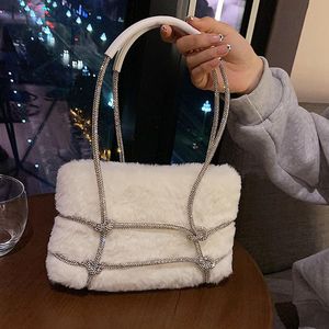 Evening Bags Fashion Diamonds Chain Handbag For Women Faux Fur Shoulder Bag Rhinestone Woven Luxury Plush Ladies Clutch Armpit Purse