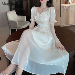 Fashion High Waist Long Dress Woman Flare Short Sleeve Summer es Women Square Collar Evening Party Robes 14088 210512