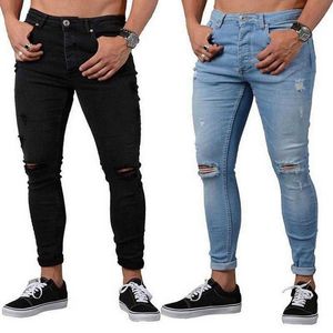 Nibesser мода повседневная мужская тощая растяжка джинсовые брюки огорченные разорванные пайные тонкие пригодные джинсы брюки для мужских брюк 211009