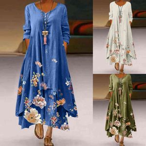 2021 Panie Letnia Moda Dress Retro Floral Online Trend Elegancki Casual Loose Długi rękaw Dress X0521