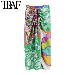 TRAF Женщины шикарные моды с узел напечатанные передних вентиляционных вентиляционных вентиляторов MIDI юбка Винтаж высокой талии на молнии женские юбки Mujer 210621