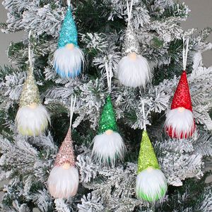 7 PCs/lote lantejoulas de natal boneco sem rosto ornamento de barba longa barba gnome Santa Natal Porta de árvore pendurada pendentes em casa decorações de férias de festas de ano novo Presente JY0648