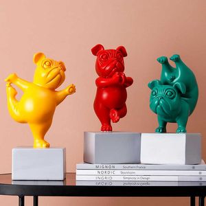 Lovely Yoga French Bulldog Statue Resin Figurines Nordic Creative Cartoon Animals Sculpture Children' Room Decor Crafts 210804