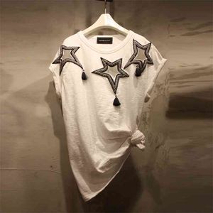Summer Korean Style Women's O Neck Short Sleeves Star Pattern Cotton T-Shirt Tee Girls Ladies Pullover Casual Tops A2487 210428