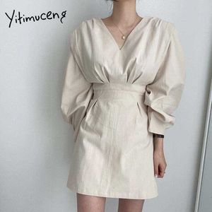 Suknie Yitimuceng Kobiety Lato Ruched Sundress Light Beige koreańska Moda Wysoka talia Puff Rękaw Szyeczka Elegancka Dress 210601