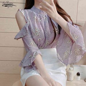 Korean Style Design Purple Black Chiffon Floral Printed Sexy Open Off Shoulder Top Blouse Shirts Women Tops 14301 210521