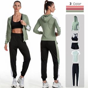 4XL 5 Parça Kadın Yoga Set Egzersiz Spor Gym Giyim Spor Uzun Kollu Kırpma Üst Yüksek Bel Tozluk Spor Takımları 210802
