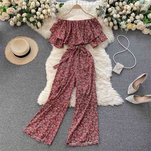 Sweet Ruffled One-line Collar Strapless Short-sleeved Retro Print Lace-up Waist Thinning Wide-leg Pants Holiday Jumpsuit GK639 210506