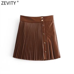 Zevity Women Chic Fashion Faux Leather Pleated Mini Skirt Femme Vintage Patchwork Metal Snap Button Skirts Mujer QUN710 210621