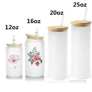 12oz 16oz 20oz 25oz Sublimacja Wino Szkło Piwo Kubki z bambusową Pokrywką Słomy DIY Frosted Clear Picie Naczynie Do Kawy Wino Mleko Sok Piwo Zimne Drinkware Fast