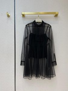 Losse Mini Mesh Jurk Vroege Spring Zijde Sling Stand Empire Elegant Rechte Casual Button Black Short Dresses