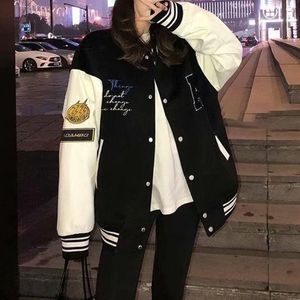 Casual Bear Embroidery Bomber Jacket Women Round Collar Pocket Spliced Baseball Jackets Korean Style Streetwear Loose Coats